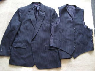 Hart Schaffner Marx Baskin Sz 42R Navy Blue Woven Two Button Vest Suit 