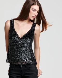 Basix New Black Silk Sequined Sleeveless Double V Neck Casual Top 
