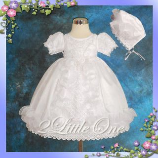 White Baby Flower Girl Christening Gown Bonnet Formal Dress Size 12m 
