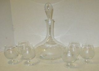 7pc DECANTER & GLASS SET WITH HAND ETCHED SAILING SHIP, MADE IN 