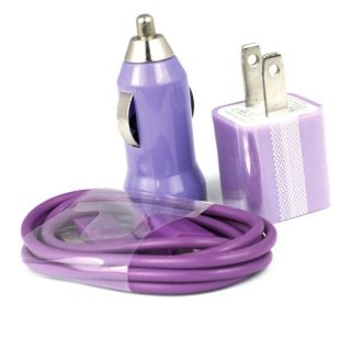 Purple Car Charger+USB Data Cable +US Charger For iPod iPhone 4 4G 4S 
