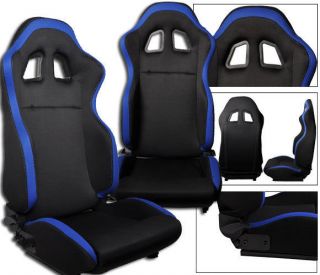 NEW 2 BLACK & BLUE CLOTH RACING SEAT RECLINABLE + SLIDERS ALL 