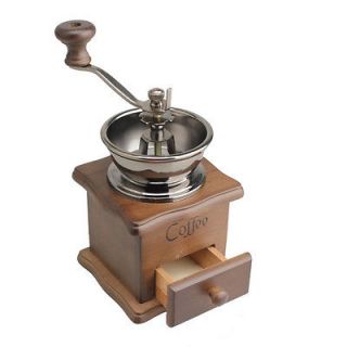 Mini Antique Hand Coffee Manual Coffee Mill Wood Stand Metal Bowl Bean 