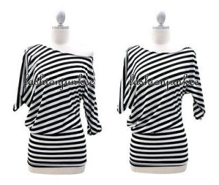 Striped BLACK WHITE 0.5 3/4 Sleeve Off the Shoulder Top Jersey 