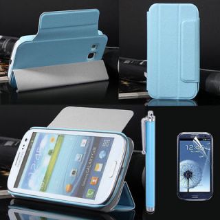 For Samsung Galaxy S3 GT i9300 Blue PU Leather Flip Case Pouch Hard 