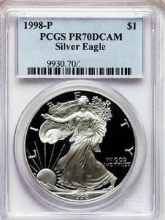1998 P $1 PCGS PR70 DCAMEO (PROOF SILVER EAGLE)   PR70 Rare .999 