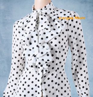Fashion Women Chiffon Ruffle Front High Neck Polka Dot Print Top Shirt 