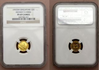 1992 GOLD SINGAPORE 5 SINGOLD YEAR OF THE MONKEY NGC PROOF 69 CAMEO