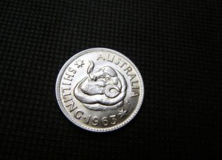1963 Australian one shilling ELIZABETH 11 50% silver (aUNCL) almost 