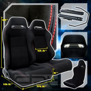 X2 FULLY RECLINABLE BLACK CANVAS TYPE R RED STITCH BUCKET RACING SEATS 