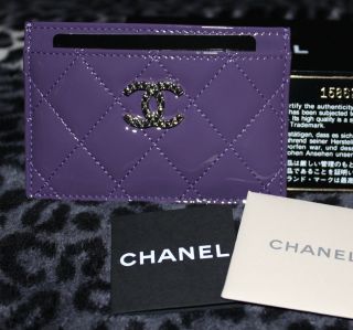 NIB CHANEL Violet Patent Leather Credit Card ID Holder Wallet Purple 