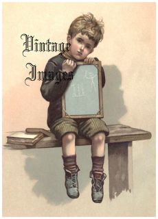 Boy Kid Sums Slate School 303 Vintage Victorian Image Print A3 or A4