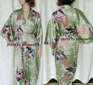 Chinese Size XXL Peacock Peony Sleepwear Satin Silk Kimono Robe Gown 