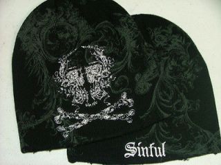 45 SINFUL by AFFLICTION Black SKULL Snowboard SNOW BEANIE CAP HAT T 