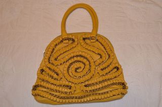Nila Anthony Yellow Purse Handbag Faux Leather Ruffle Leopard Print 