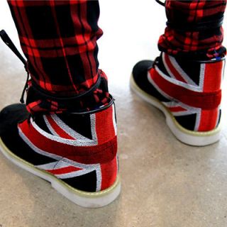 Union Jack embroidered Leather Sneakers Shoes Black Navy Punk Unisex 