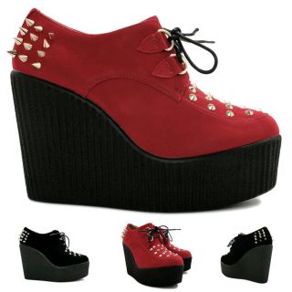 NEW WOMENS WEDGE HEEL SPIKE STUD LACE UP CREEPER PLATFORM ANKLE BOOTS 