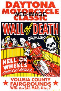 DAYTONA MOTORCYCLE WALL OF DEATH POSTER HARLEY INDIAN DAREDEVIL CHILLS 