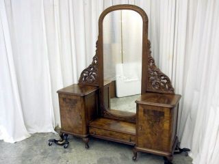 Antique Walnut Burled Wood Vanity Dresser w Large Mirror Extra Nice 