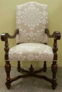 New DREXEL HERITAGE Classic Damask Linen Distressed Walnut Arm Chair 