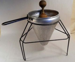 Vintage Aluminum Food Mill Sieve with Wooden Pestle Removable Legs 