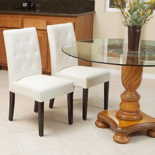 Set of 2 Elegant Ivory White Leather Dining Room Chairs With Tufted 