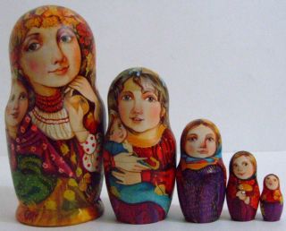 5pcs Handpainted One of a Kind Russian Nesting Doll AUTUMN GIRLSby 
