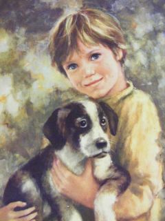 Classic Boy with His Puppy Dog vintage framed art by C. Mitchell