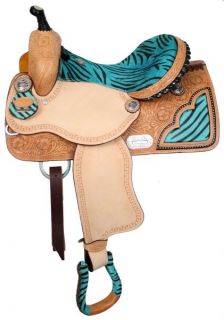 this fun western saddle features teal color genuine cowhide in