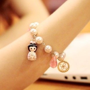  White Pearl Beads Gold Chain Cute Pendants Link Charm Bracelet