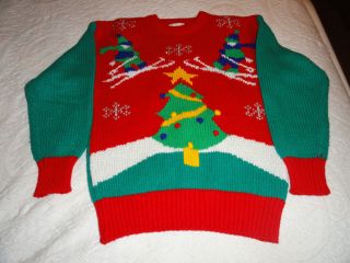Vintage 80s Ugly Christmas Sweater Adell Barre M Green Red Tree 