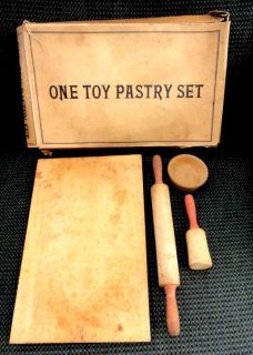 vintage Child Toy Kitchen Red Handle Wood Set w Box Rolling Pin 