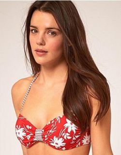 Marie Meili Red NA Pali Floral Tie Side Bandeau Bikini Swimsuit L 