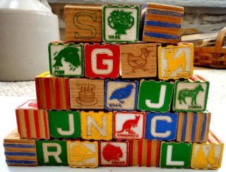 lot Vintage Wooden Toy Blocks Alphabet 25 PC Pictures★