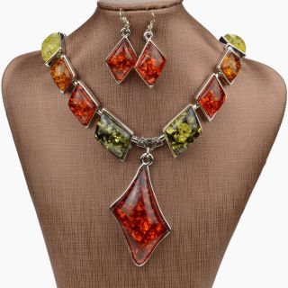    Silver Amber Stylish Earrings Necklace Pendant Jewelry Set LXA2451K