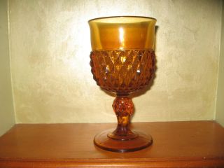 Amber Glass Diamond Cut Water Goblet Vintage Depression Glass Stemware 