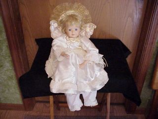 Collectible Porcelin Faced Doll Andel in White Satin Dr