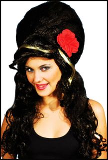 Amy Winehouse Fancy Dress Black Beehive 60s Wig with Roses Tattoos Hen 