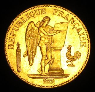   Standing Genius/Golden Angel Heavy gold 20 Francs Coin. 6.45gm