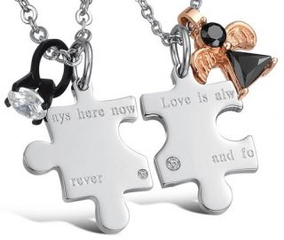   Steel Forever Love Puzzle Black Ring Gold Angel Charms Necklace