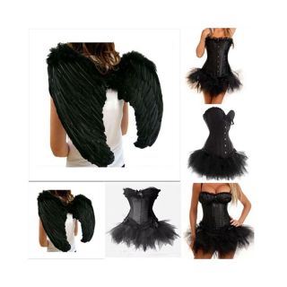Black Dark Fallen Angel Fancy Dress Halloween Outfit Corset Skirt 