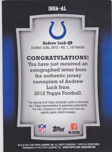 Topps 2012 NFL Andrew Luck Inra Al in The Name Autograph Relic True 1 
