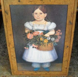 American Folk Art Painting Portrait Girl with Basket of Flowers Frame 