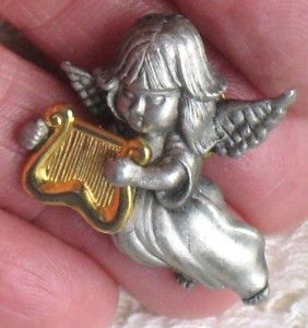 Vintage Signed Dona Pewter Angel Goldtone Harp Pin Brooch
