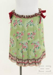Anna Sui Green Pleated Floral Velvet Trim Skirt Size 4