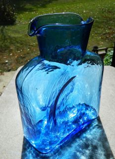 Vintage Blenko Glass Water Bottle Jug 384 Double Spout Blue Beauty 