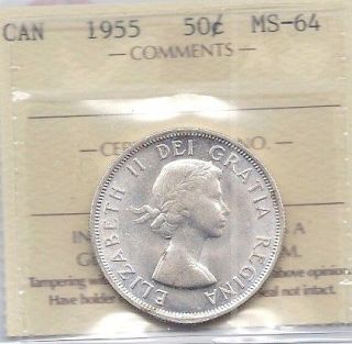 1955 fifty cent piece iccs graded 50c ms 64 from