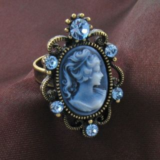 Antique Gold Vintage Style CAMEO Ring Lady Blue Stone Crystal 