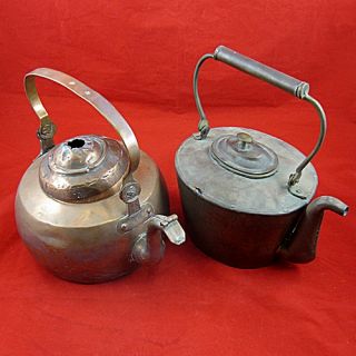 Two Antique Hand Made Copper GOOSE Neck Tea Kettles Russian English 