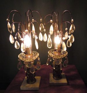 ANTIQUE BRASS & CRYSTAL TABLE LAMPS *SET OF TWO*